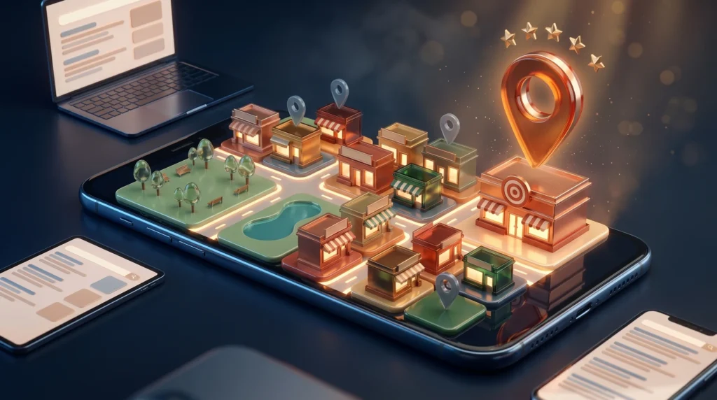 A stylized 3D neighborhood map rising from a smartphone, one business pin glowing bright above its building while other pins stay grey
