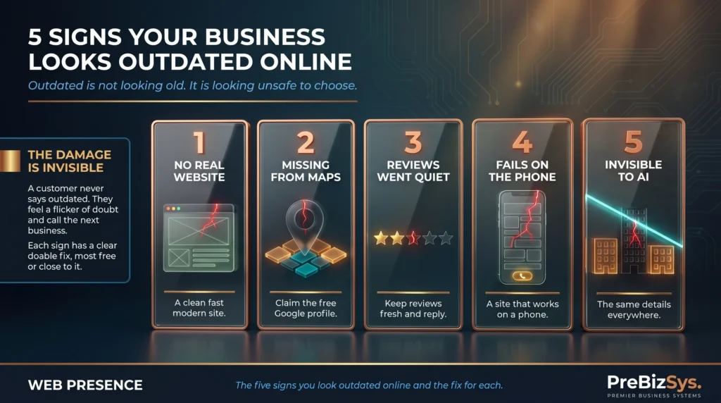 Infographic: the five signs your business looks outdated online, each shown as a numbered glass plate with the sign, its warning mark, and its one-line fix
