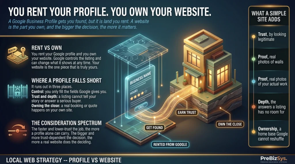 Infographic contrasting renting a Google Business Profile with owning a website: a translucent rented Google listing on a borrowed tile beside a solid owned building on its own foundation, with the points where a profile falls short and what a simple website adds
