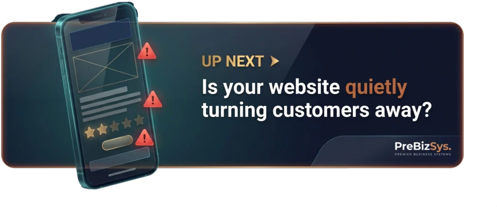 Up next: a glass phone showing a tired, dated business page with red warning flags at the trouble spots, is your website quietly turning customers away?
