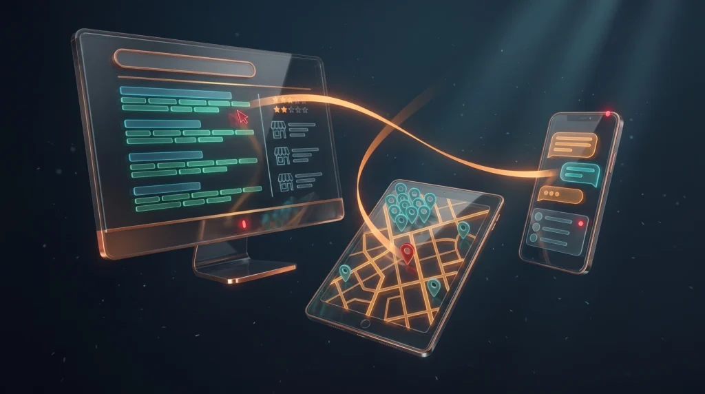 Three glowing dark-glass devices on a deep navy field, a computer monitor showing abstract search results, a tablet showing a map with location pins, and a phone showing an AI assistant chat, the three places a local customer looks for a business.