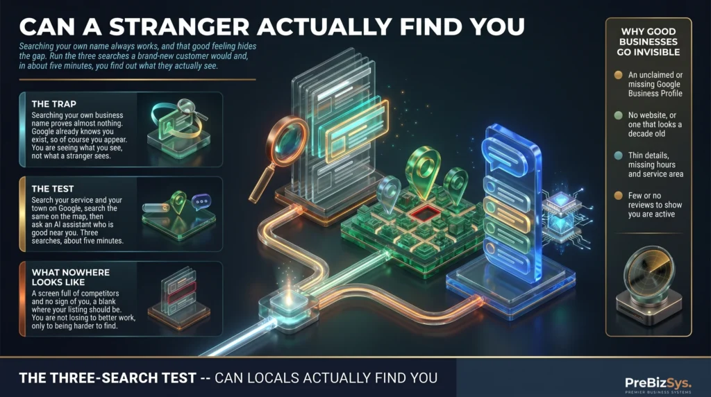 Infographic titled “Can a stranger actually find you?”: a dense dark-glass scene of the three places a customer looks for a local business, a search-results list, a map with location pins, and an AI answer shortlist, the business showing up in some and a dark red-rimmed gap in one, alongside why good businesses go invisible: an unclaimed Google Business Profile, no website, thin details, and too few reviews.