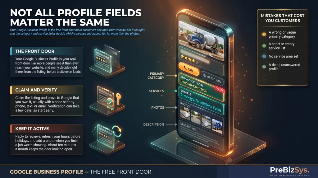 Infographic titled “Not all profile fields matter the same”: a realistic phone showing a Google Business Profile with its fields sized by importance, Primary Category and Services largest and brightest, Photos and Description smaller, a Call button and a caution tag on the category, alongside the mistakes that cost customers: a wrong category, a thin service list, no service area, and a dead profile.