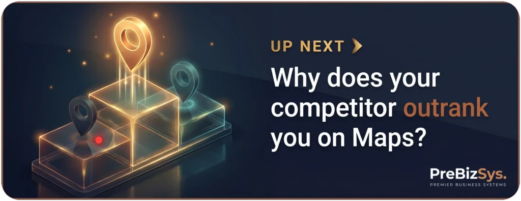 Up next: a glowing glass ranking podium where a competitor’s map pin sits on top and your business ranks below, why does your competitor outrank you on Maps?