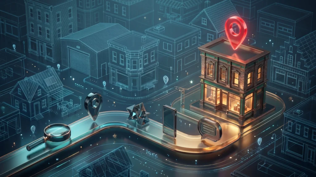 A glowing path winds through search, map, review, website and AI waypoints across a dim district of varied wireframe buildings to one warmly lit brick storefront marked by a bright red map pin, the path a customer takes to the business they pick.