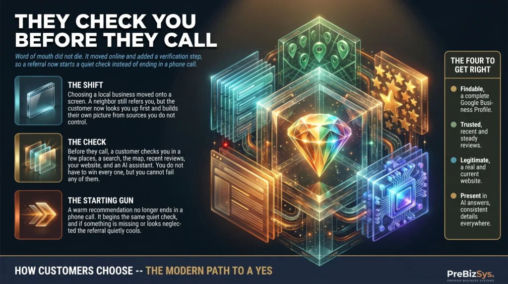 Infographic titled “They check you before they call”: a dense glass verification core showing a business checked across search results, a map, review stars, a website, and an AI assistant, resolving to a bright gem, the business that gets picked, alongside the four things to get right: findable, trusted, legitimate, and present in AI answers.
