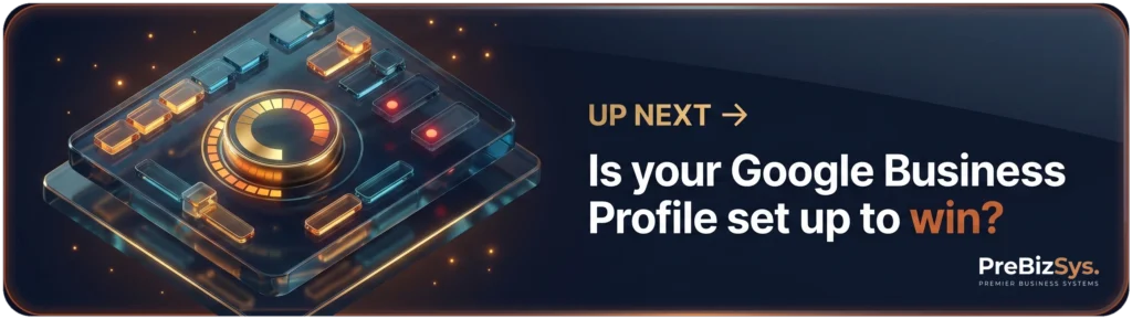 Up next: a glowing glass Google Business Profile control panel with a master dial and setting toggles, a couple still unfinished, is your Google Business Profile set up to win?