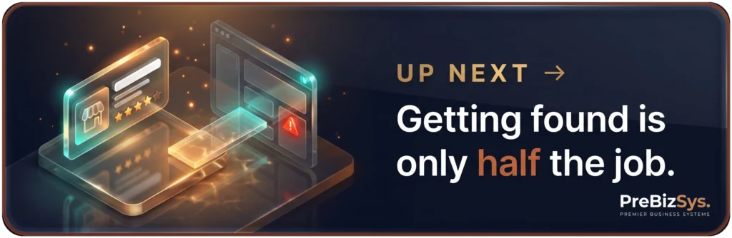 Up next: a glowing glass business listing joined to a dim, half-built website frame, getting found is only half the job.